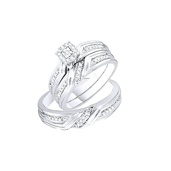 AFFY White Natural Diamond Engagement & Wedding Trio Band Ring Set In 10k White Gold (0.31 Cttw)