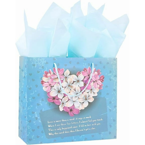 11.8 x 10.4 Inch Floral Paper Gift Bags Spring Party Bags with Handles Tissue Rectangle Printed Light Blue Heart Flower Shopping Wrap Storage Paper for DIY Party Favor Gift Present Packaging