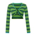 thumbnail image 1 of hirigin Women's Green Long Sleeve Crop Tops Deep V Neck Knotted Striped Knitwear Tops for Spring Summer, 1 of 9