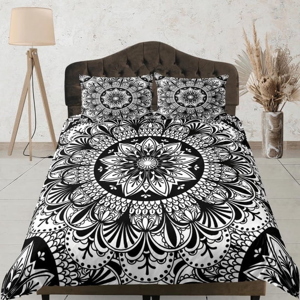 Mandala Juego de Funda Nórdica Bohemia Colcha Negra, Ropa de Cama de Dormitorio con Funda de Almohada