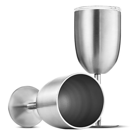 Short Stemmed Red Wine Glasses Premium Grade 18/8 Stainless Steel Wine Glasses 12 Oz. Double-Walled Insulated Unbreakable Goblets (Set of 2) Stemmed Wine Glass BPA-Free Leak Resistant Lid for Red White Wine, Brushed Metal ()