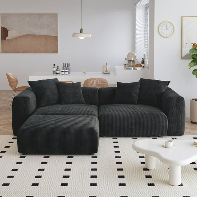 The Magic Home Canapé Sectionnel Modulaire Convertible en Velours Côtelé en Forme de L à 2 Places, Noir