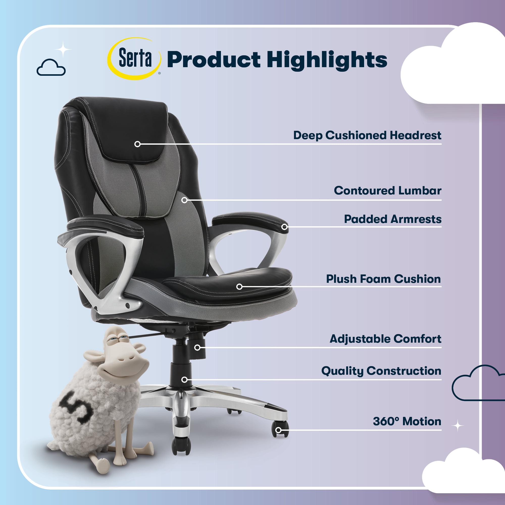 Serta Amplify Executive Office Chair with Faux Leather and Mesh, Adjustable Ergonomic Comfy Seat with Lumbar Support, Modern Computer Desk Chairs, Swivel Rolling Wheels Gray
