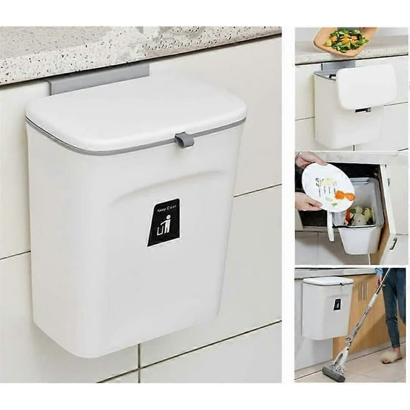 Compost Bin for Kitchen - 9L - Countertop or Under Sink Trash Can, Small Hanging Trash Can with Lid for Bathroom/Bedroom(White)