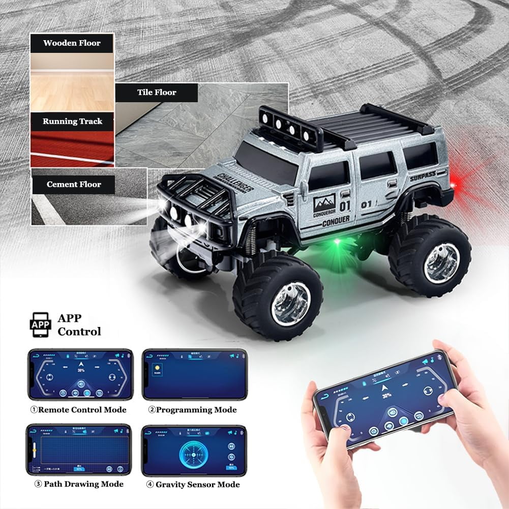 Mini Rc Off-Road Truck with Lights, 1:64 Mini Rc Monster Truck, 2.4ghz Remote and App Control Toy Car, 3-Speed Adjustment, Indoor/Outdoor Racing Toy Truck