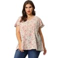 thumbnail image 4 of Women's Plus Size Blouses Flare Sleeve V Neck Floral Tops Pink 3X, 4 of 7