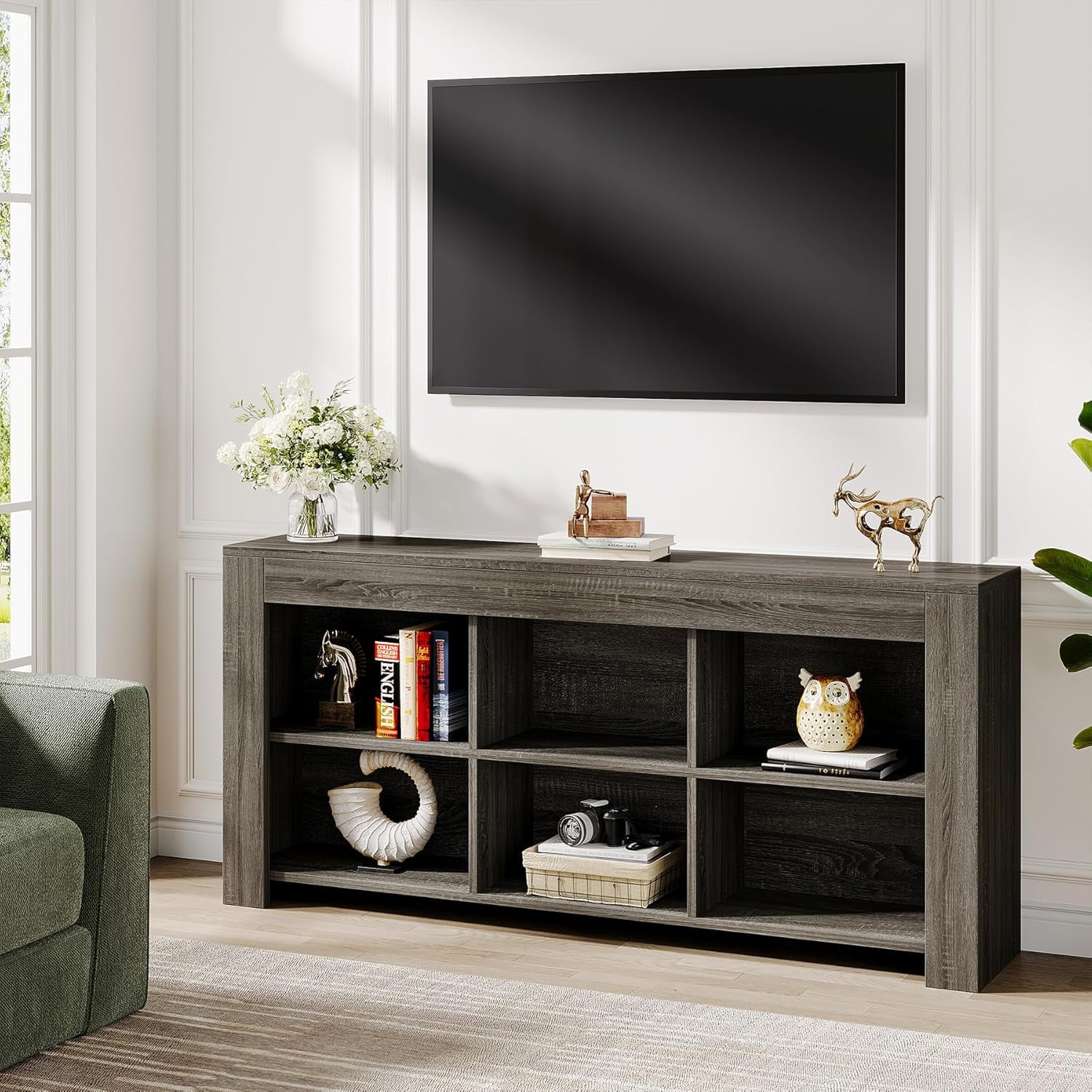 Tribesigns 6-Cube Horizontal Bookshelf – Industrial Low Wide Bookcase for Home Office or Living Room