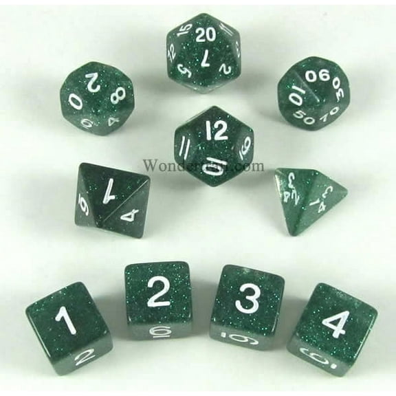 Green Glitter Dice with White Numbers 16mm (5/8in) Set of 10 Koplow Games