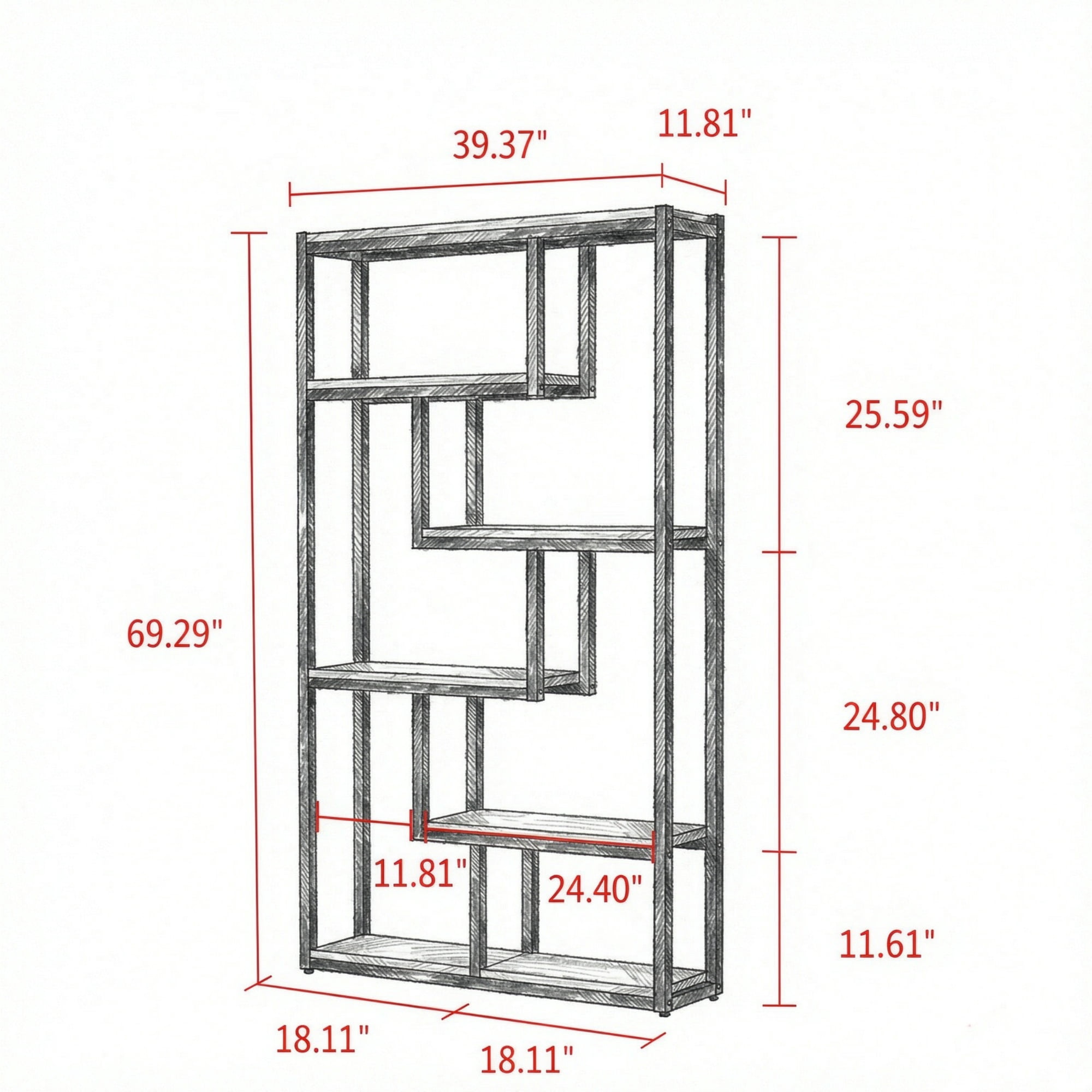 69 in Etagere Bookshelf, 5 Tier Bookcase with Stagge Shelves