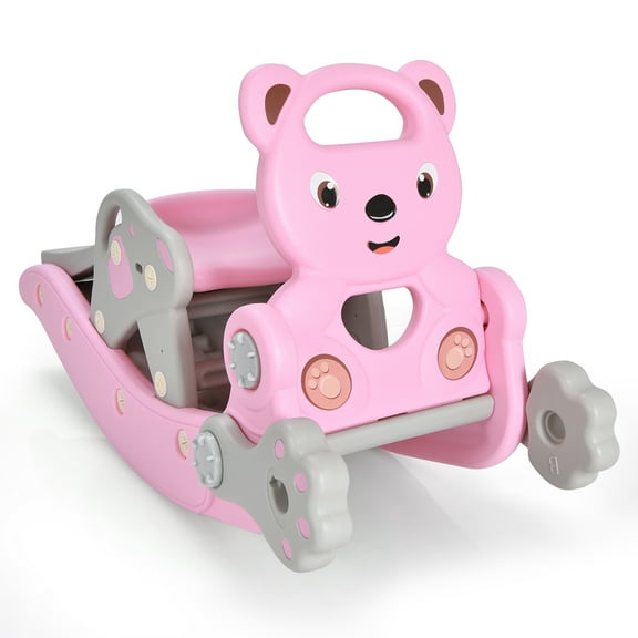 Infans 4 in 1 Toddler Slide Rocking Toy, Portable Kids Rocking Horse Slide Toy with Basketball Hoop and Ring Game, Foldable Toddler Playground Slide Climber for Boys and Girls (Pink Bear)