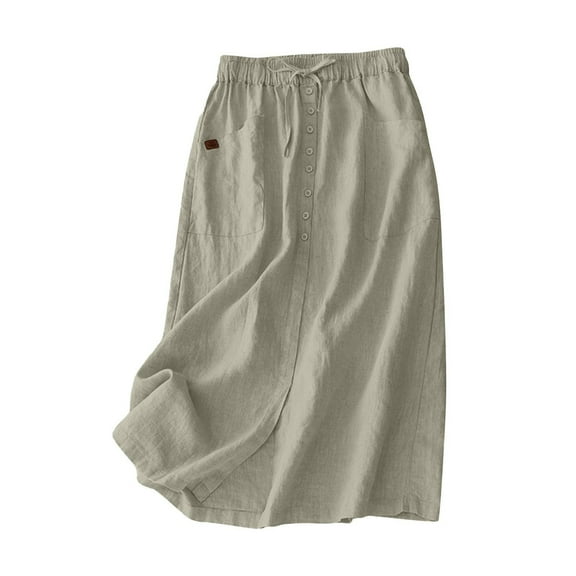 Byworldtasic Womens Plus Size Skirts Women Cotton Linen Skirt Summer Drawstring Waist Plain Long Maxi Retro Casual Layered Linen Skort