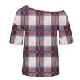 thumbnail image 4 of Inverlee Womens Short Sleeve Plaid Shirts Off Shoulder Tops Summer Casual Loose Outfit, 4 of 6