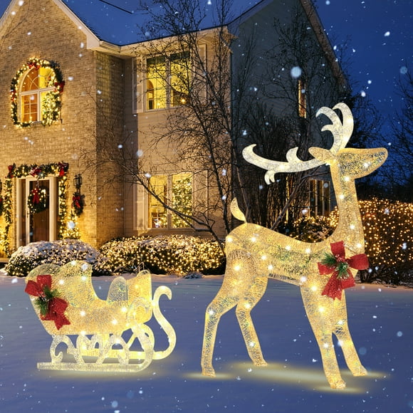 Gymax Pre-Lit Christmas Reindeer & Santa's Sleigh Lighted Yard Decor w/ 100 LED Lights