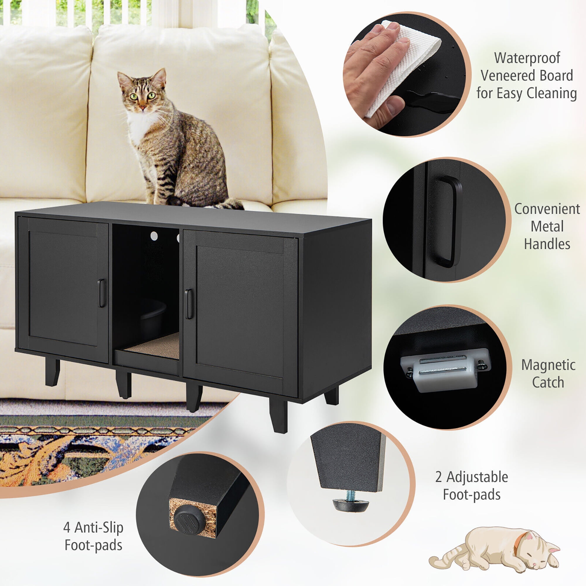 Gymax Cat Litter Box Enclosure TV Stand Cabinet Hidden Cat House Washroom W/ 2 Doors Patented