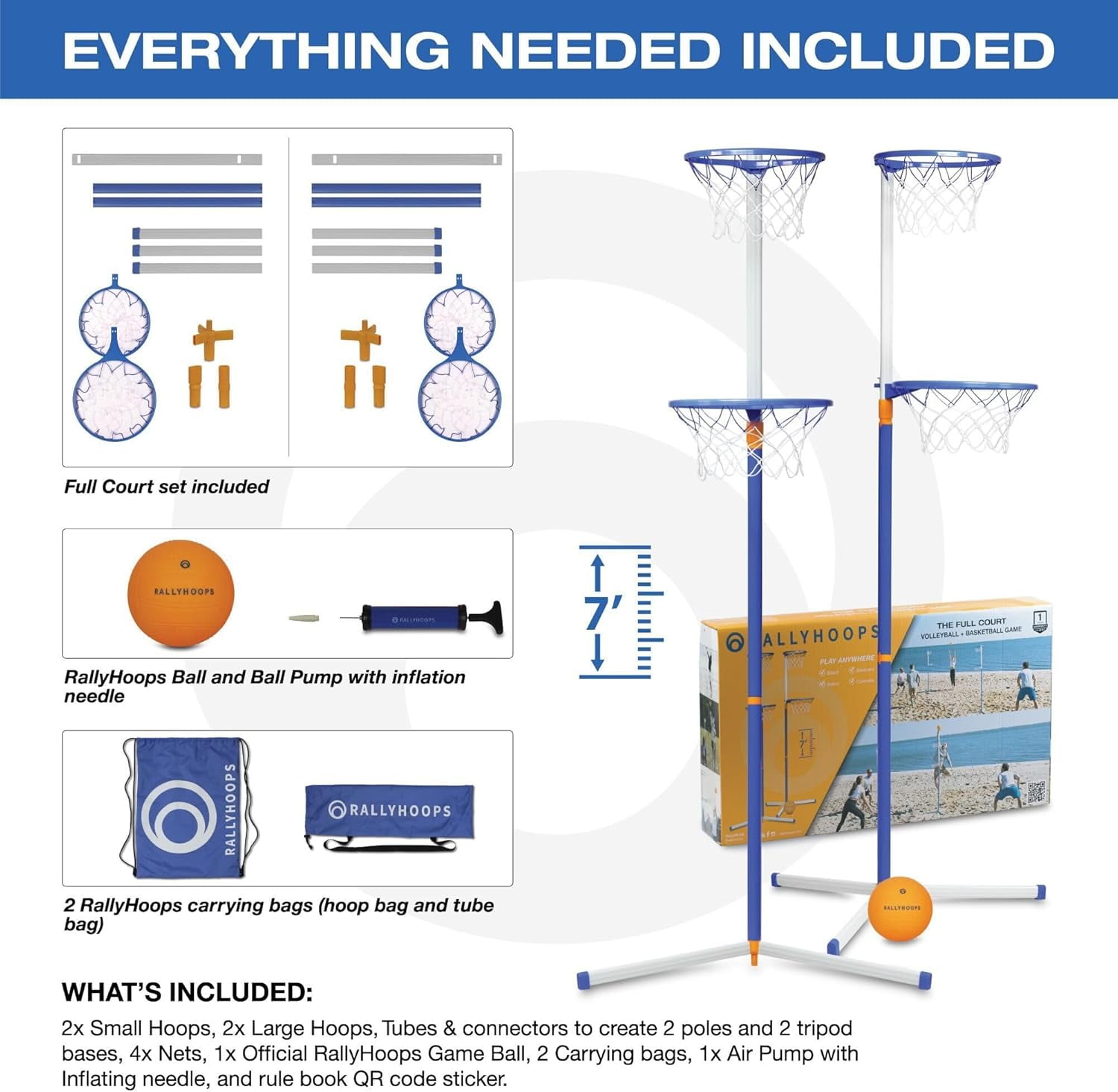 RallyHoops 7 ft - World's First Sports Game to Mash Volleyball & Basketball - Setup in Seconds - Easy to Learn - Fun to Play for All Ages