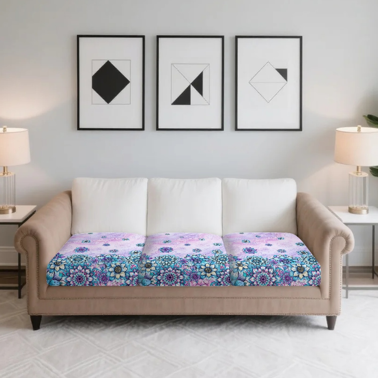 Xoenoiee Boho Mandala Marble Print 3 Pieces Couch Cushion Covers Stretch Sofa Covers Washable Couch Covers Non-Slip Individual Seat Cushion Slipcovers