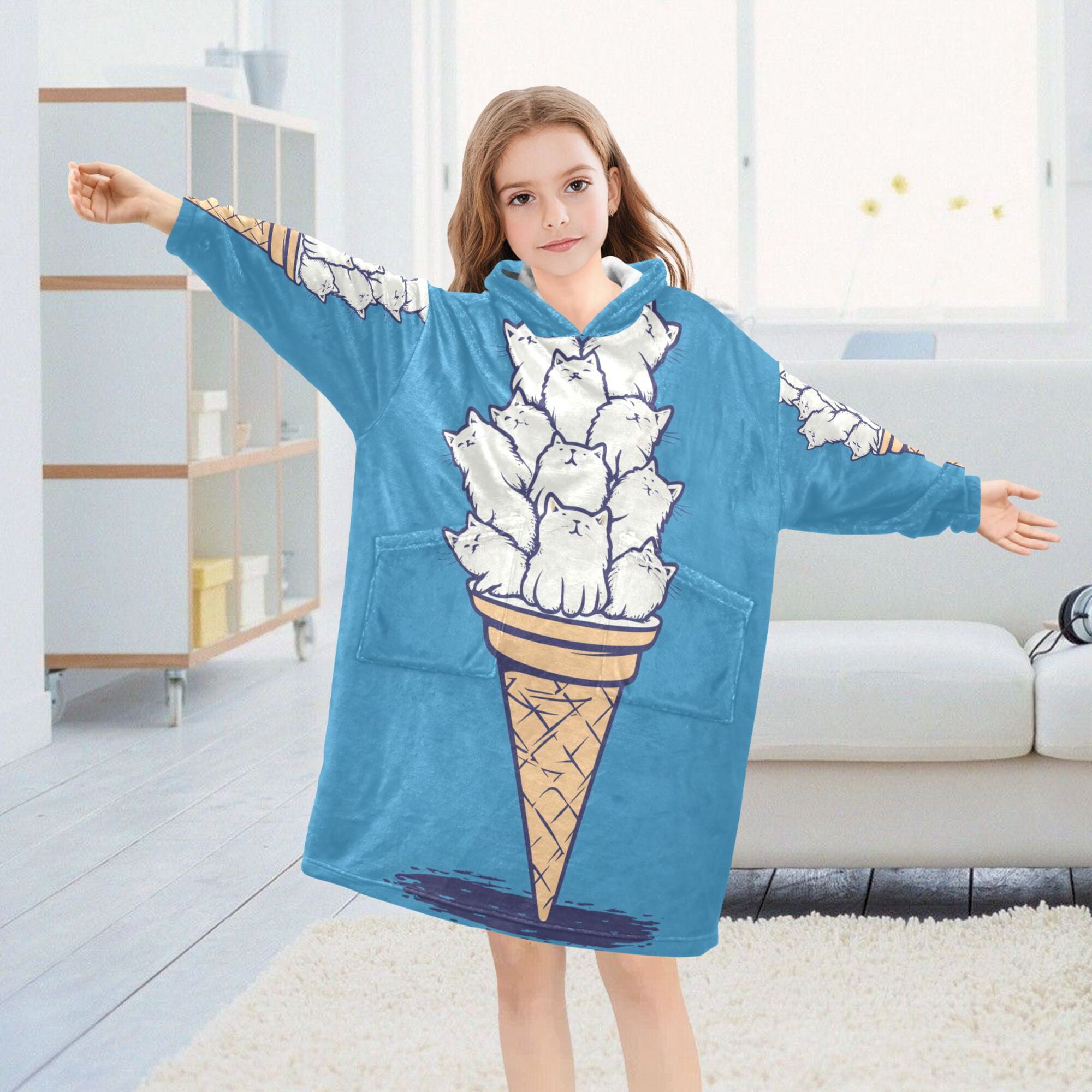 FORMRS Wearable Blanket Hoodie with Sleeves for Kids Cozy Flannel Sweatshirt, Ice Cream Cat