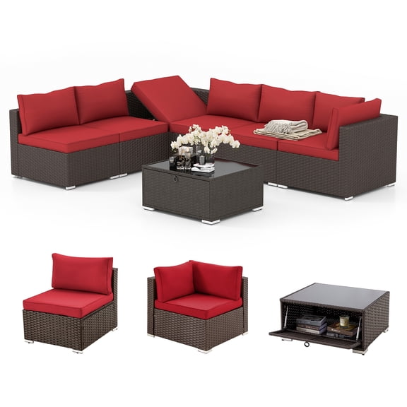 GYUTEI 7 Piece Patio Furniture Set with Adjustable Bracket All-Weather Wicker Conversation Set with Coffee Table for Porch Garden Backyard (Wine Red)