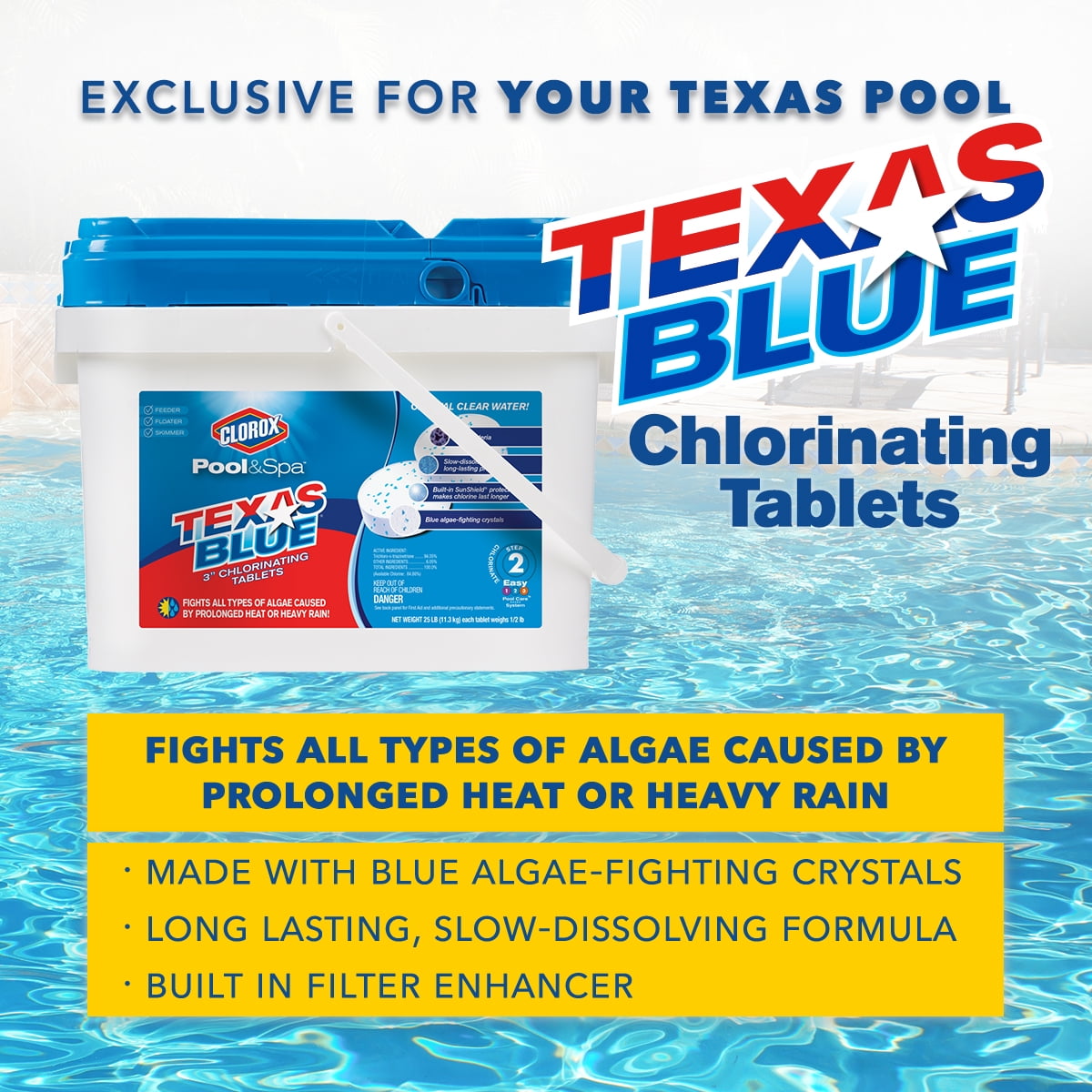 Clorox Pool&Spa Texas Blue 3" Chlorinating Tablets, 25 lbs Swimming Pool Tablets