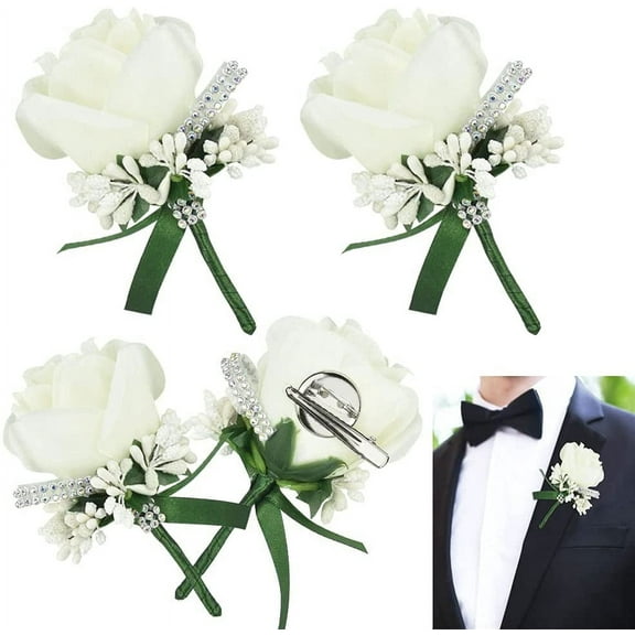 BUZIFU 11.5 cm Artificial Silk White Rose Prom Bouquet (4 Count)