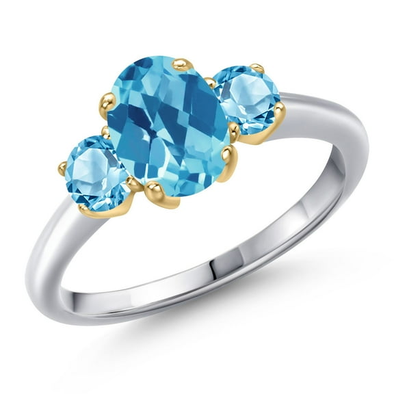 Gem Stone King 10K Two Tone Gold Swiss Blue Topaz Engagement Ring for Women | 2.01 Cttw | Oval Checkerboard 8X6MM | Gemstone November Birthstone | Size 9