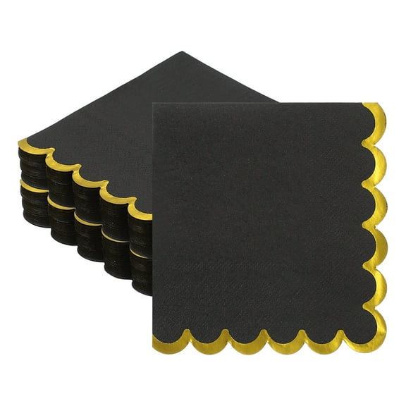Uxcell 100 Pcs Scalloped Cocktail Napkins with Gold Foil Edges, 5 x 5 Inch Disposable Scalloped Paper Napkins for Wedding Engagement Anniversary Party Tableware Decorations, Black