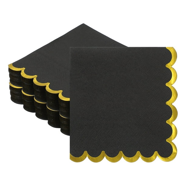 Uxcell 100 Pcs Servilletas de cóctel con borde ondulado y foil dorado, servilletas de papel desechables de 5 x 5 pulgadas para decoración de mesa de fiesta de compromiso, boda y aniversario, negro