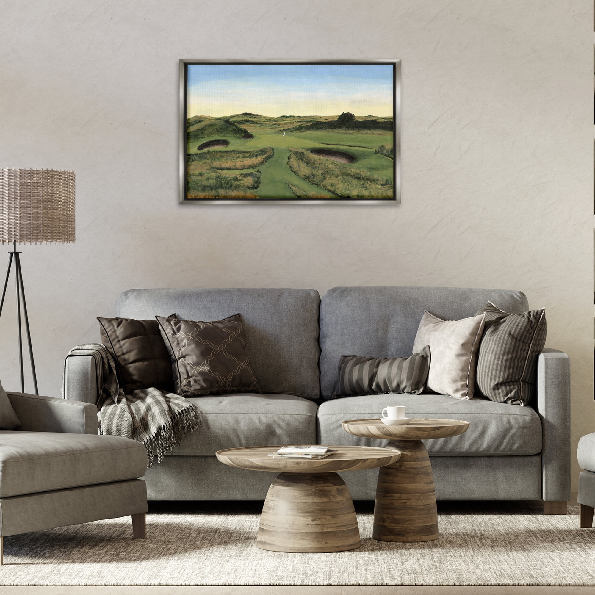 Stupell Industries Golf Field Landscape Landscape Painting Gray Floater Framed Art Print Wall Art, 31 x 21