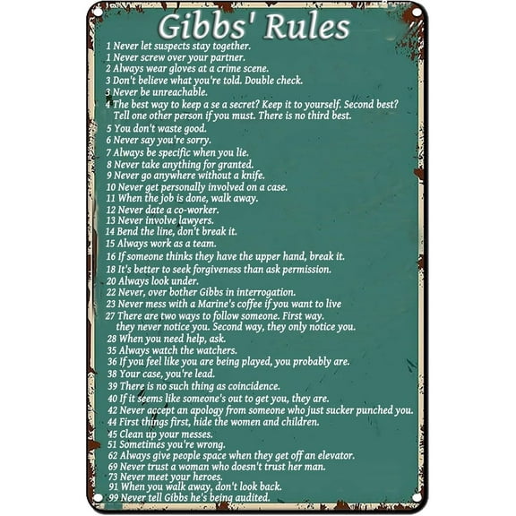Gibbs' Rules Vintage Metal Sign,Never Let Suspects Stay Together Wall Decor Retro Poster Tin Painting for Home Garden Bars Cafes Office Store Club Man Cave Decor 12 X 8 Inch