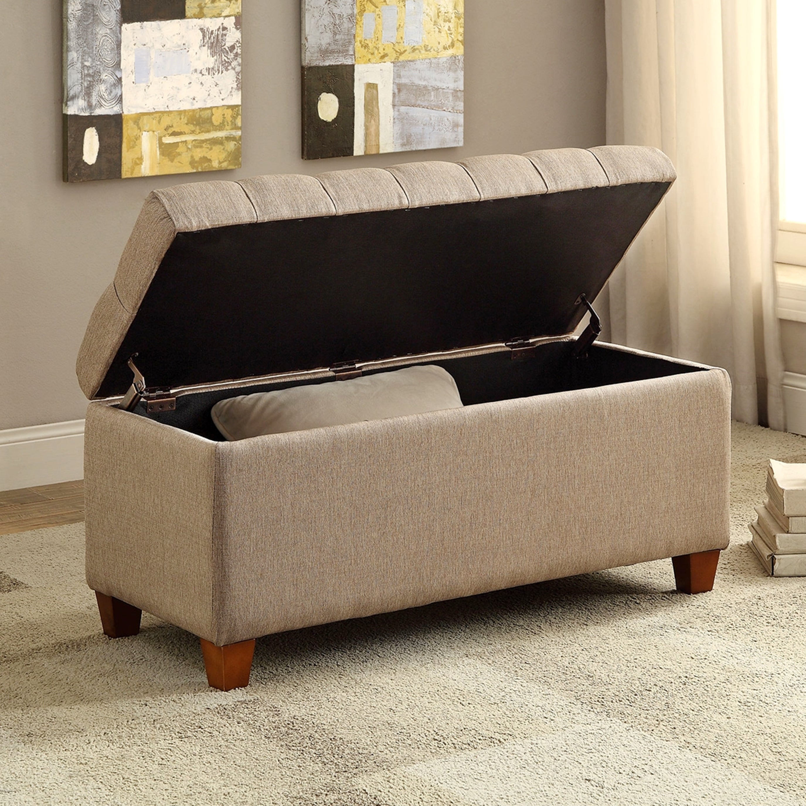 A Line Furniture Lankary Tufted Taupe Upholstered Storage Ottoman Bench