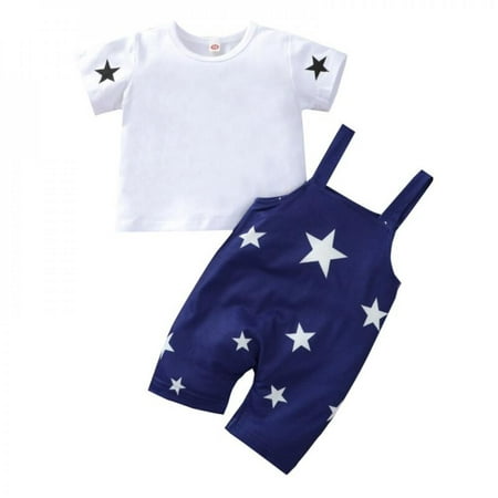 

Clearance Summer Infant Baby Girl Boys 2Pcs Set Star Print T-shirt Cotton White tops + Suspenders Overalls Pants toddle Outfits Clothes