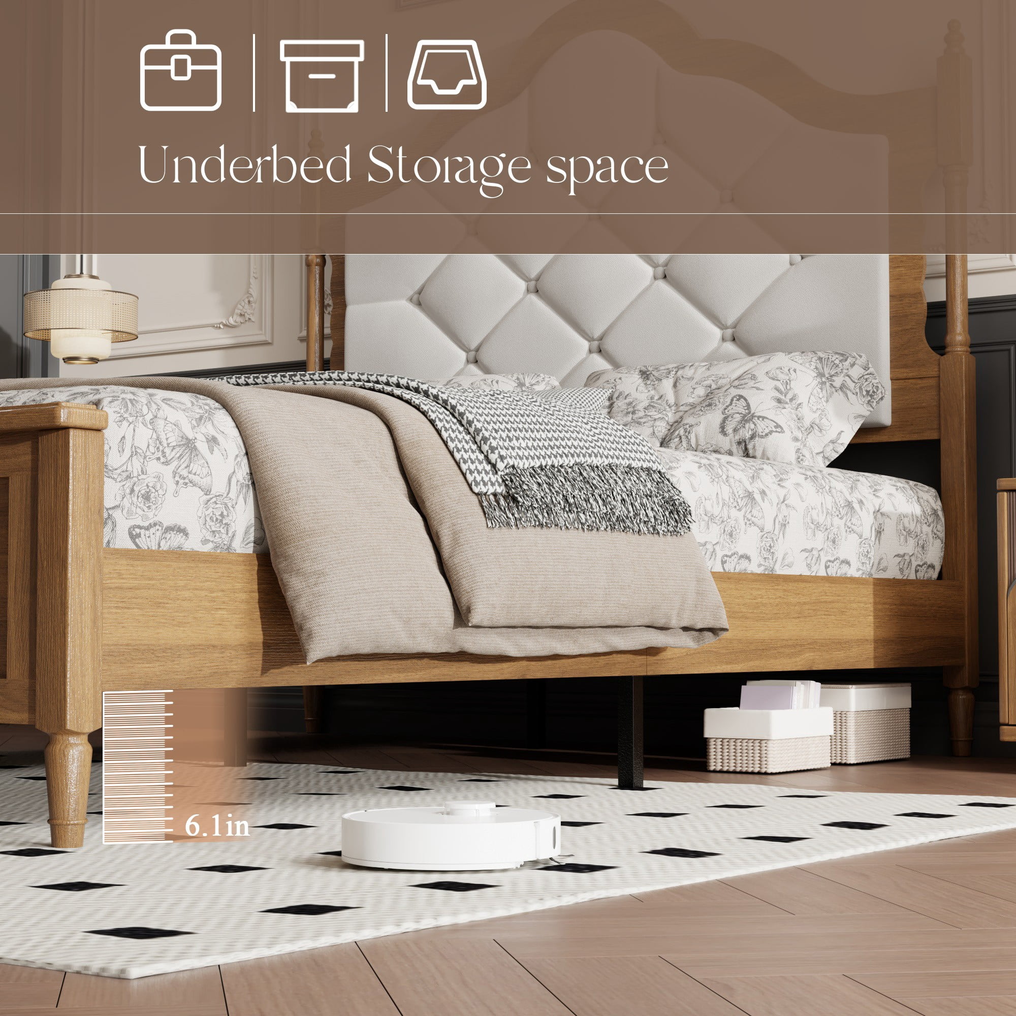 DEALTOPS Full Size Platform Bed Frame with Velvet Upholstered Headboard, Wood Farmhouse Bed, No Box Spring, Brown
