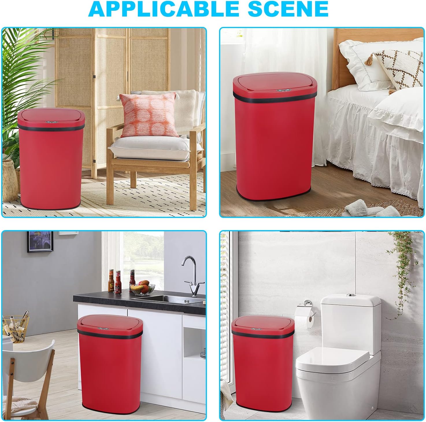 BIQWBIC 13 Gallon Automatic Trash Can, Touchless Stainless Steel Kitchen Garbage Can, Red