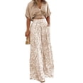 thumbnail image 2 of GILIGEGE Women Floral Print 2 Piece Set Deep V Neck Short Half Sleeve Top Wide Leg Flared Long Pants Matching Business Formal Wedding Guest Casual Summer Fashion Suit Daily Outfit Wear Khaki, 2 of 7