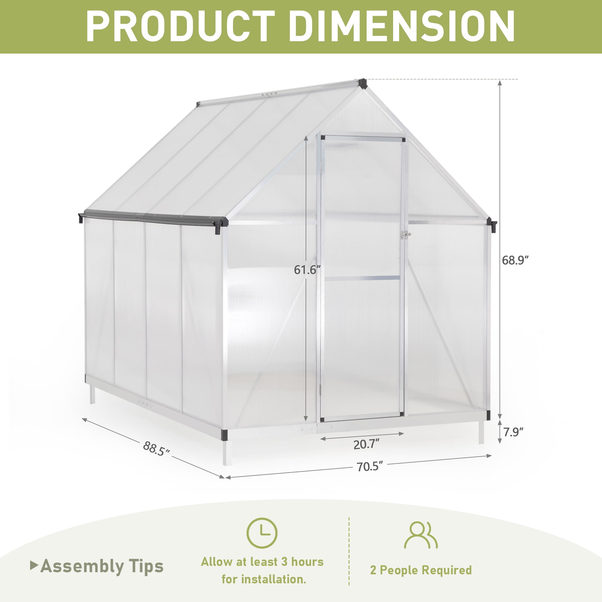 Jaxpety 6'x 8' Walk-in Polycarbonate Greenhouse with Aluminum Frame Lockable Doors Opening Windown, Outdoor Greenhouse,Silver