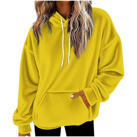 HUJlwoi Fuzzy Fleece Pullover Women Long Sleeve Warm Cozy Sherpa Hooded Tops Shaggy Soft Winter Sweatshirts with Pockets