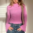 thumbnail image 2 of XUNKUSGA Women's Tops Fashion Mock Neck Lettuce Trim Pullover Tops Casual Bell Long Sleeve Going Out Tops Classic Slim Fit Solid Color Y2k Tops for Women Trendy S-2XL Pink, 2 of 7