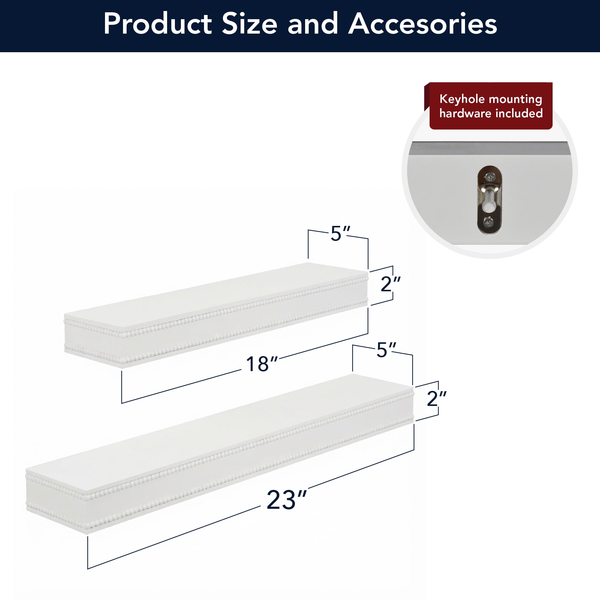 American Art Decor Beaded 2-Piece Floating Wall Shelf Set, White Shabby Chic Carved Picture Ledge Shelves with Lip, Decorative Wall Ledge for Nursery, Gallery, or Living Room Display
