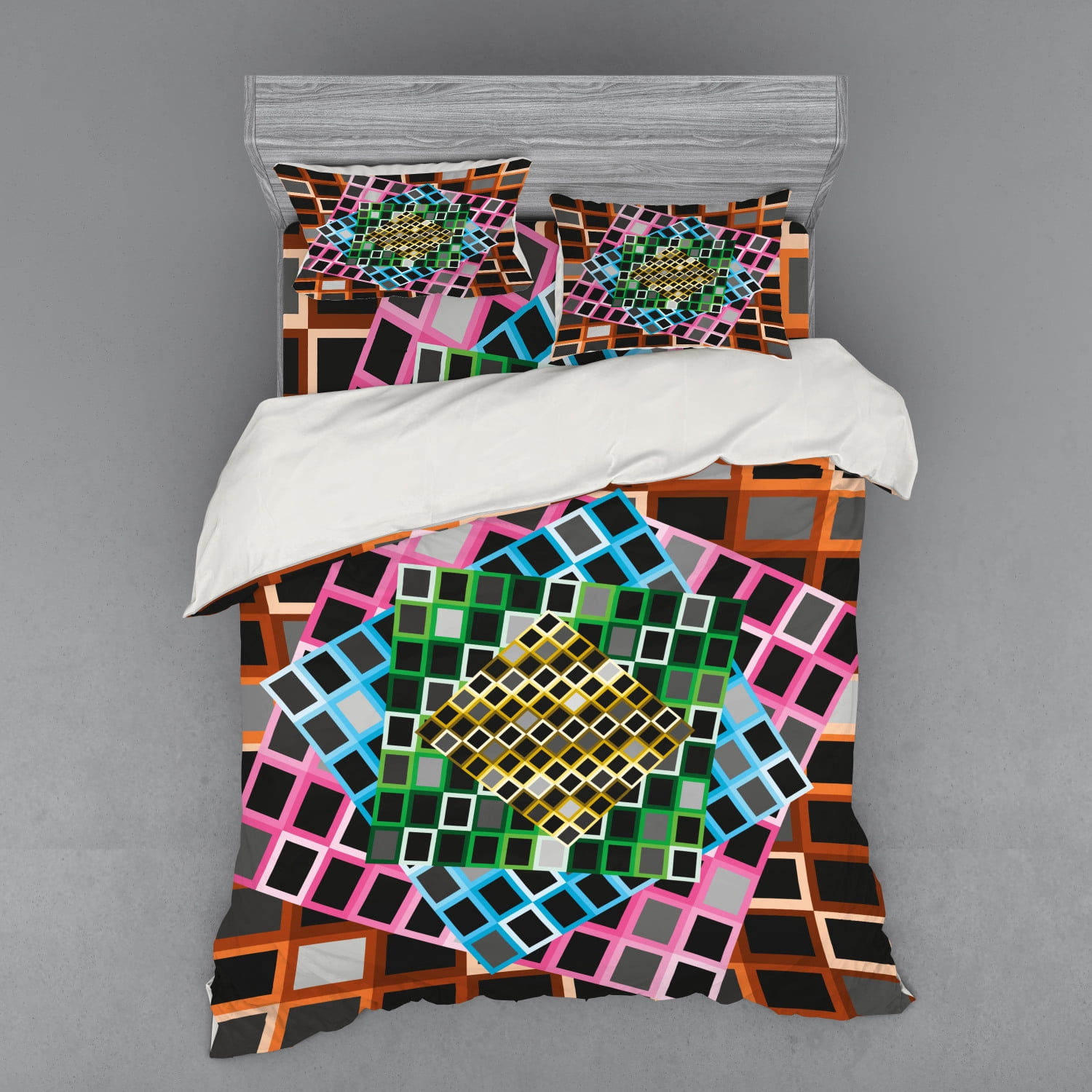 Geometric Duvet Cover Set, Colorful Squares Framework Abstract Style Modern Graphic Design