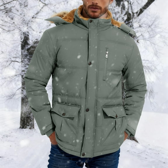 gbyLJF Men's Fleece Lined Down Jacket Thickened Solid Color Hooded Puffer Jacket Winter Warm Zip Up Cotton-padded Jackets with Pockets