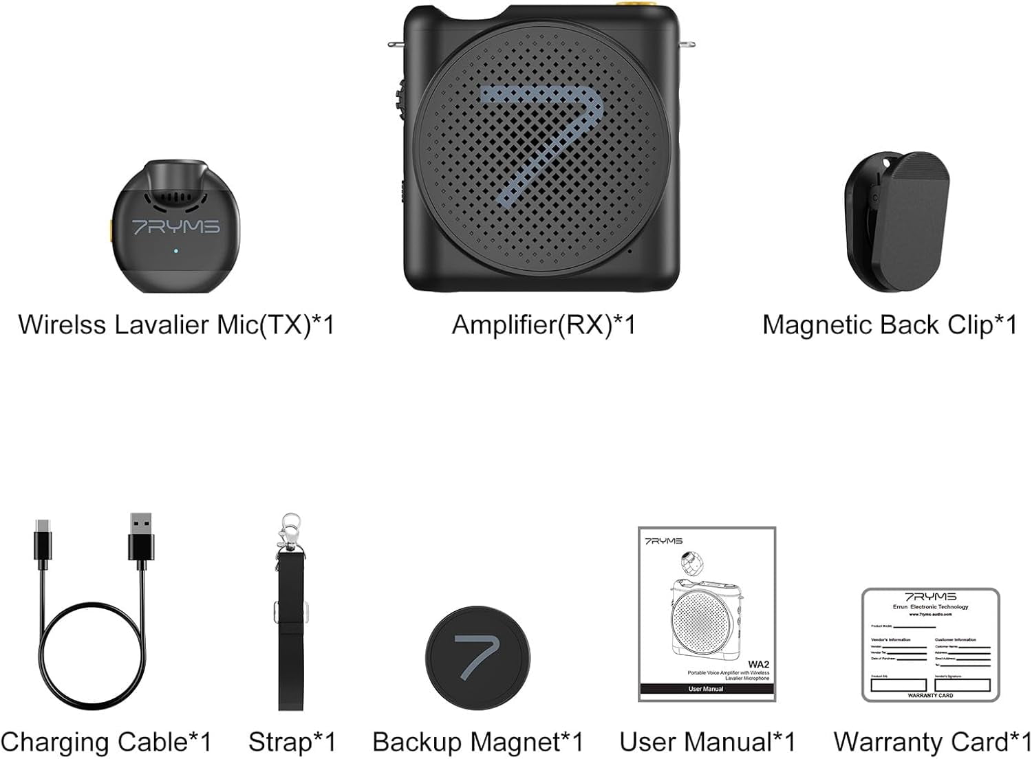 WA2 Voice Amplifier for Teachers with Wireless Lavalier Microphone,Portable Speaker for Classroom,Speech,Training Outdoor,Mini Speaker Clip-On Mic- Noise Canceling,164ft Range,23H Working-Black