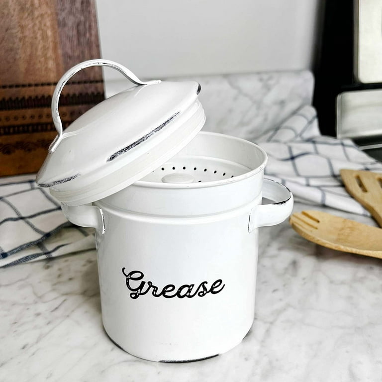 AuldHome Enamelware Grease Container with Strainer, Farmhouse Style Kitchen  StorageTin, Labeled Grease 