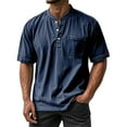 thumbnail image 2 of Qwertyu Mokaloha Mens Shirts, Retro Washed Distressed Solid Color Casual Short Sleeve Henley Tops with Pockets Navy XL, 2 of 5