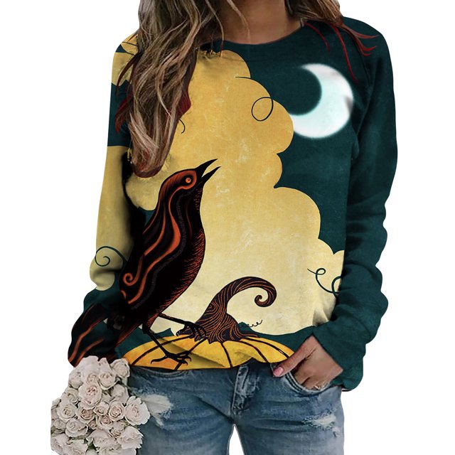 Tops casuales de cuello redondo de manga larga con estampado de Halloween para mujer Fridja czfsfas2690