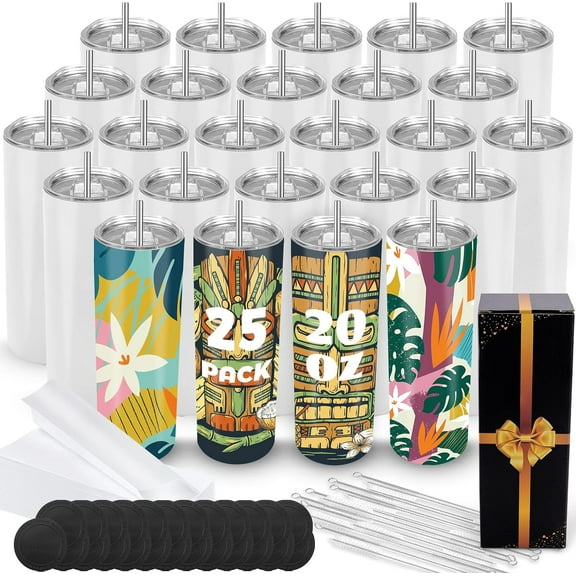 Joyclub 25 Pack 20 oz Sublimation Tumblers Bulk Sublimation Blanks for Heat Transfer Double Wall Insulated Straight SkinnyTumbler with Individually Gift Box and Shrink Wrap Film