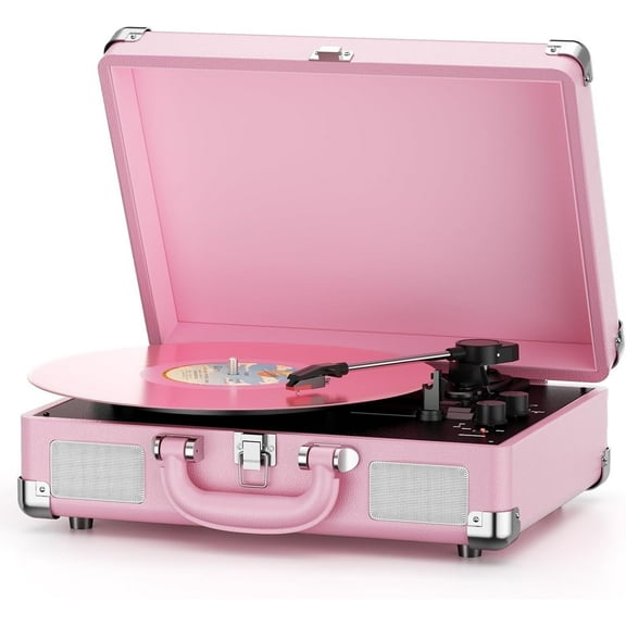 DIGITNOW Turntable Record Player 3 Speeds with Built-in Stereo Speakers, Suitcase Design - Pink