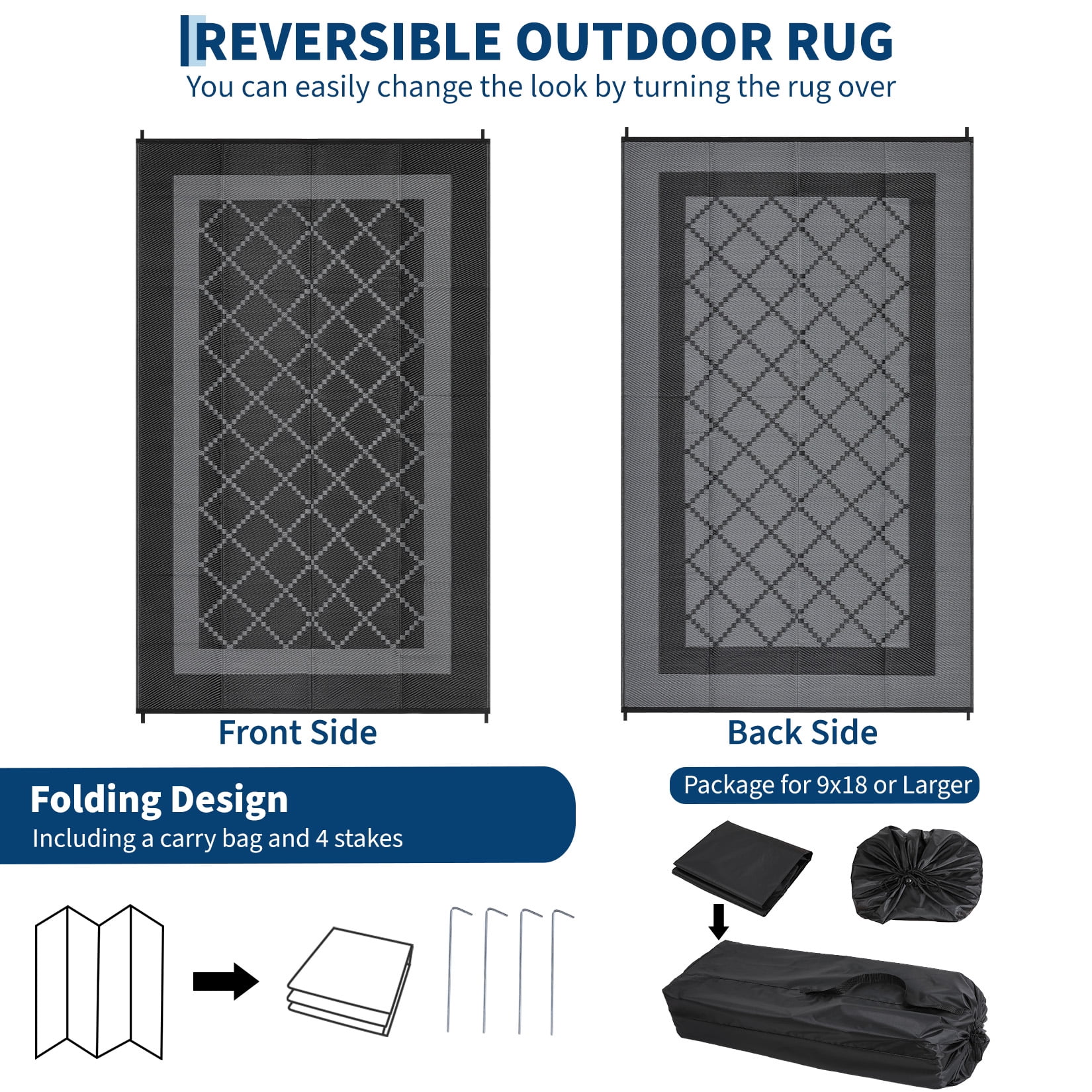 HIWEAVER 8' x 10' Black/Gray Outdoor Rug PP Plastic Straw Woven Waterproof Patio Rug with Border Portable Outside Carpet for Balcony Deck Picnic Garden Decor