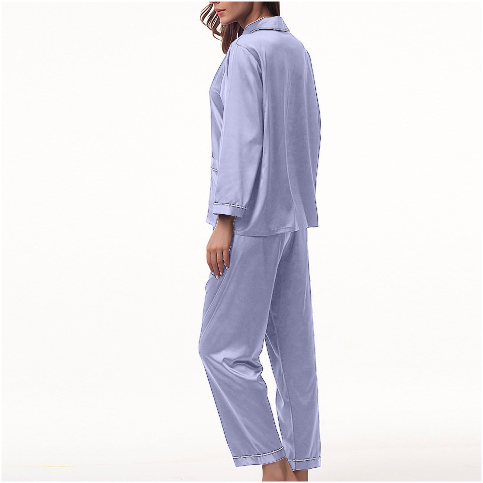 BONIXOOM Womens Pajamas Thanksgiving Pajamas Sleepwear None Long Sleeve Sleepwear Sets Solid Light Blue M