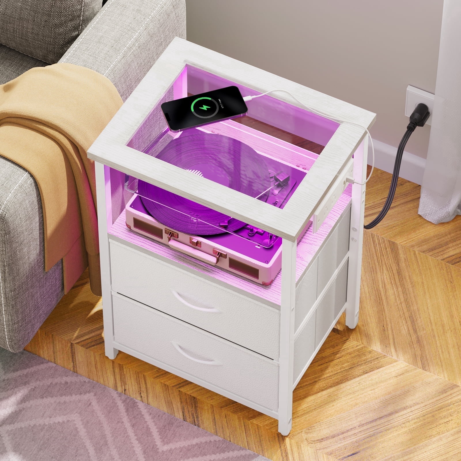 Tomnk LED Nightstand with Charging Station, Modern Bedside Table with Glass Top, USB Ports & Power Outlets, 2 Fabric Drawers Storage End Table for Bedroom, White