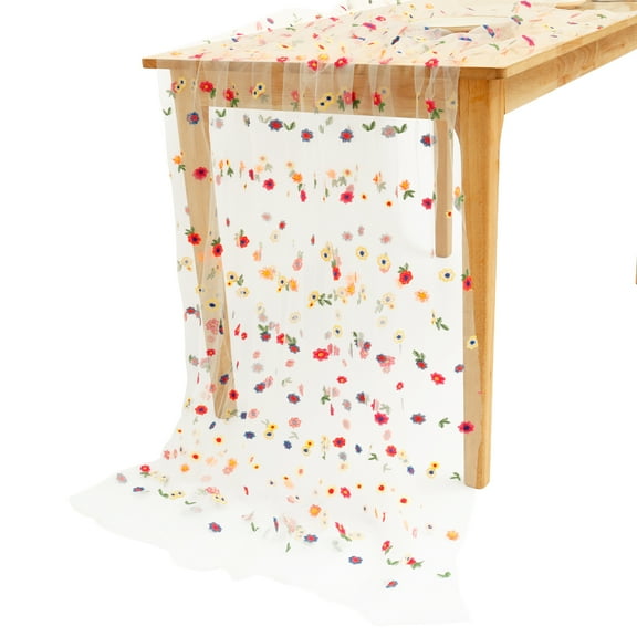 Jokapy Embroidery Daisy Lace Polyester Table Runner, 59"W x 120"L, White